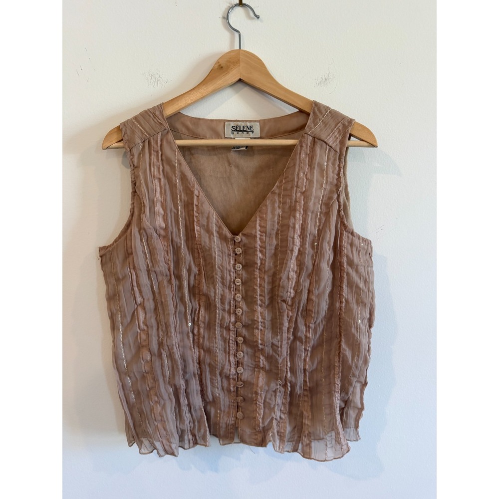 Y2K Pintucked Button Front Sleeveless Vest Top Womens Large Brown Sequins